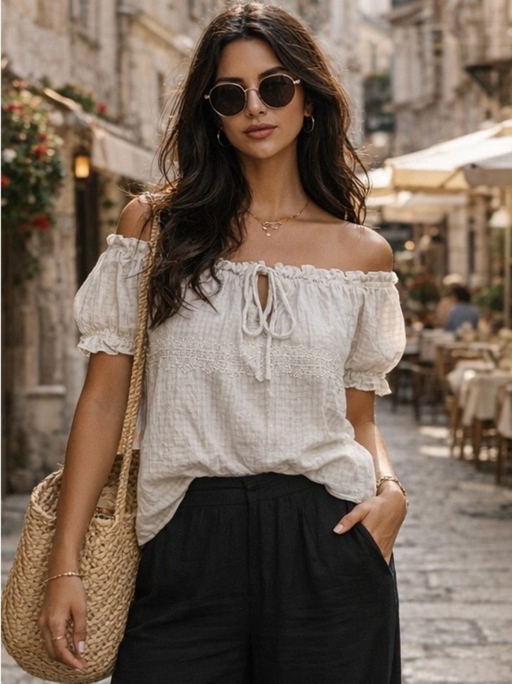 Scarlet Darkness White Off or On Shoulder Peasant Top XL Boho Gauze Lace Blouse